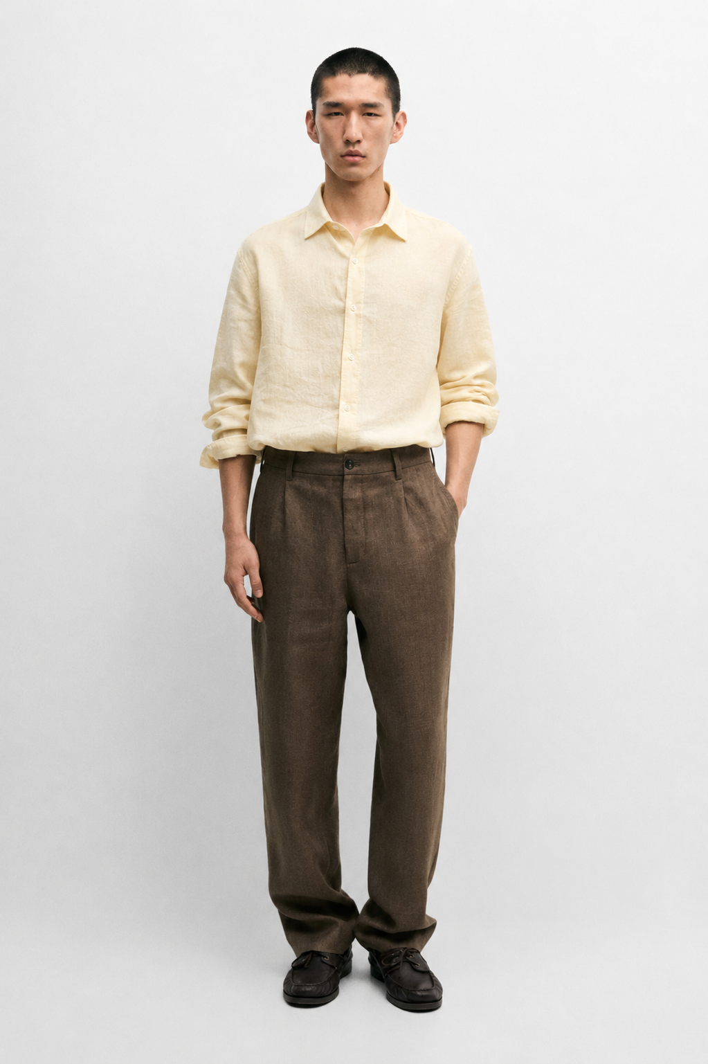 Relaxed fit 100% linen melange shirt - butter yellow
