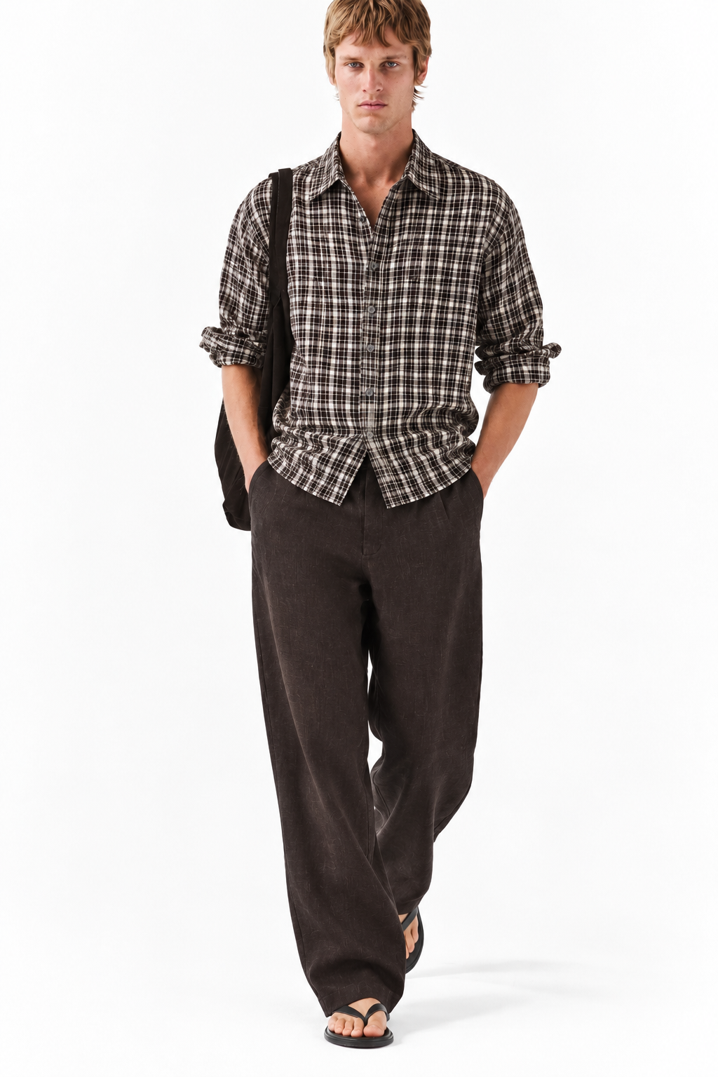 Wide fit 100% linen trousers - soil brown