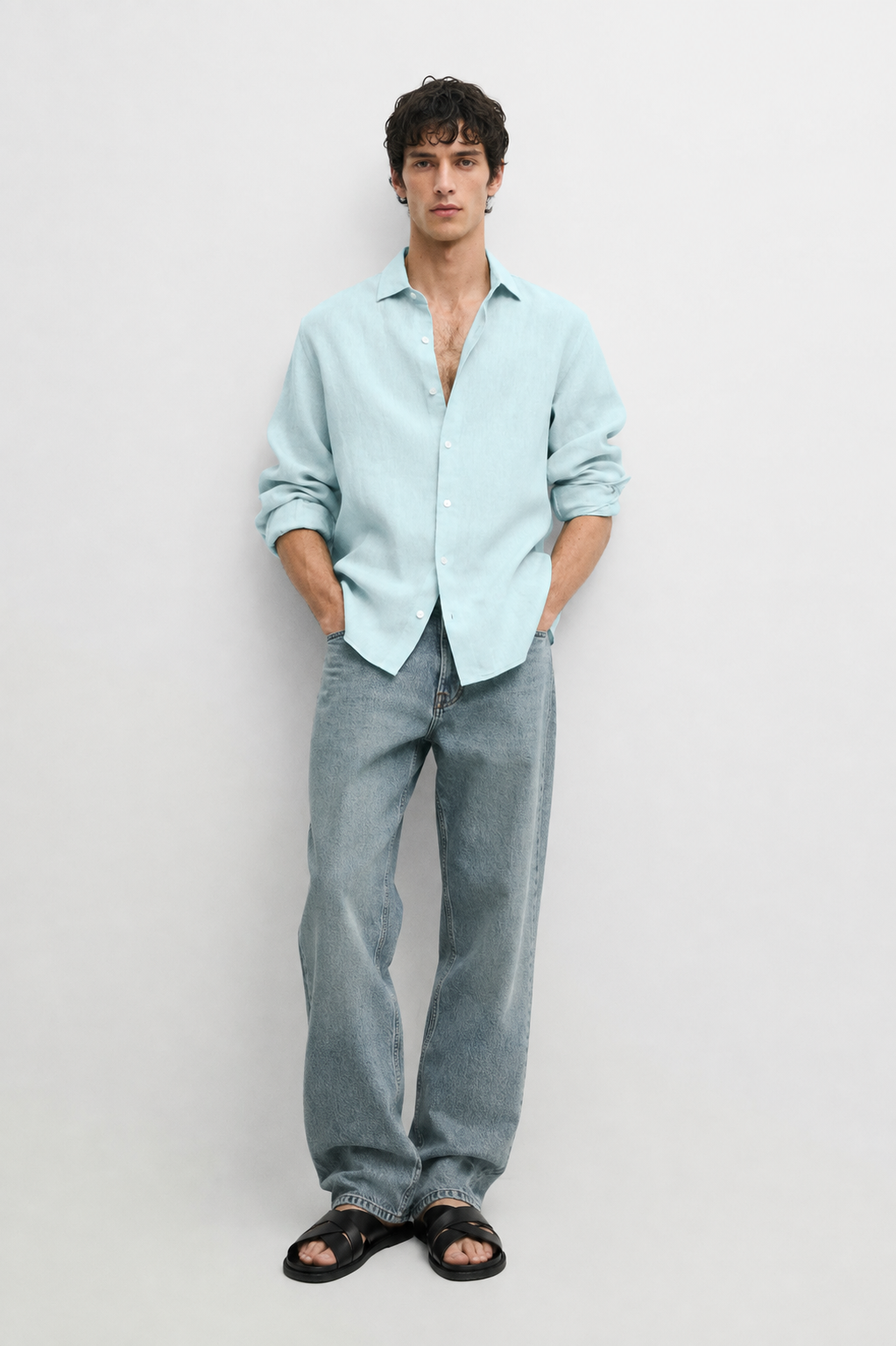 Relaxed fit 100% linen melange shirt - blue