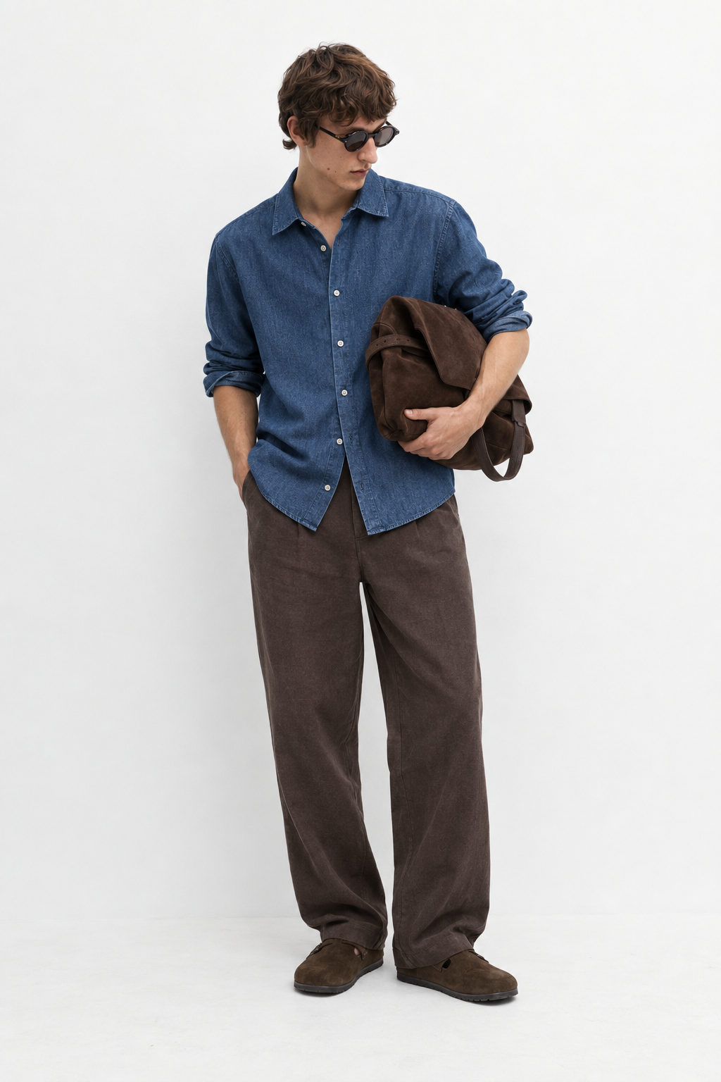 100% linen denim trousers - washed brown