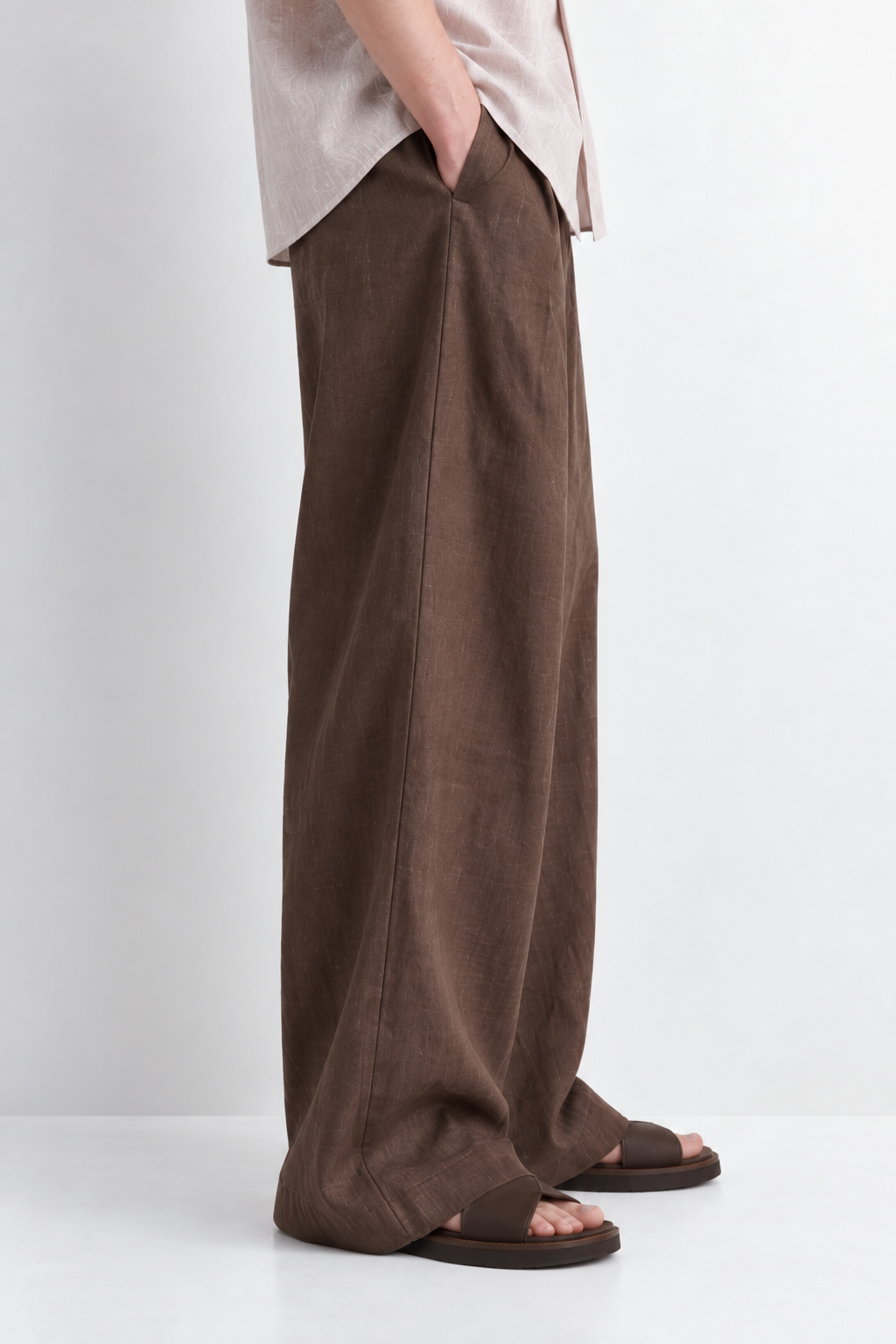 Wide fit 100% linen trousers - old mahogany