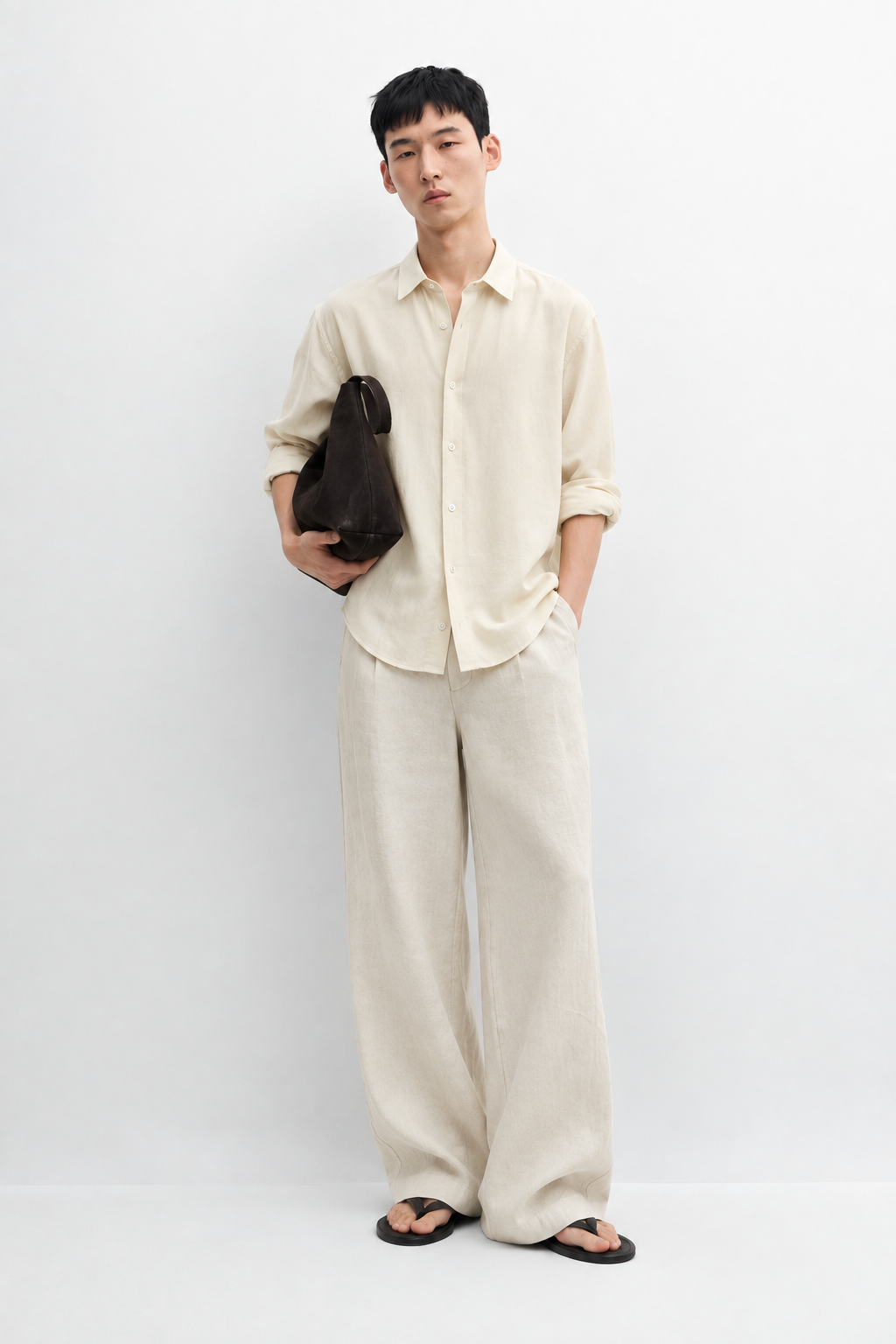 Wide fit 100% linen trousers - aged white