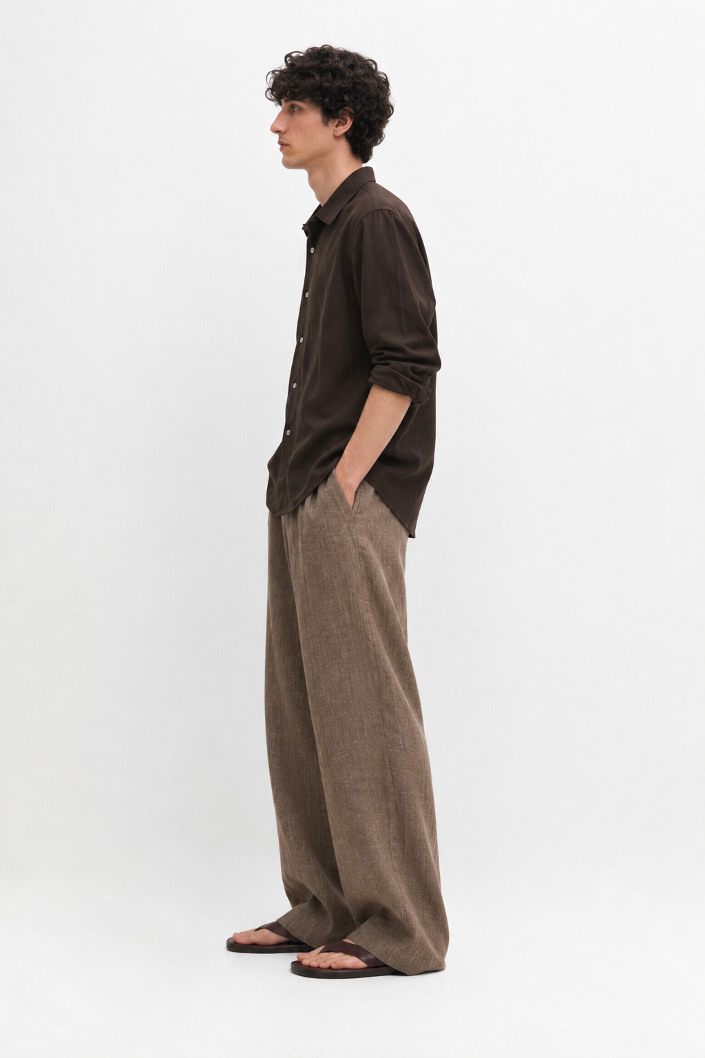 Wide fit 100% linen trousers - antique brown