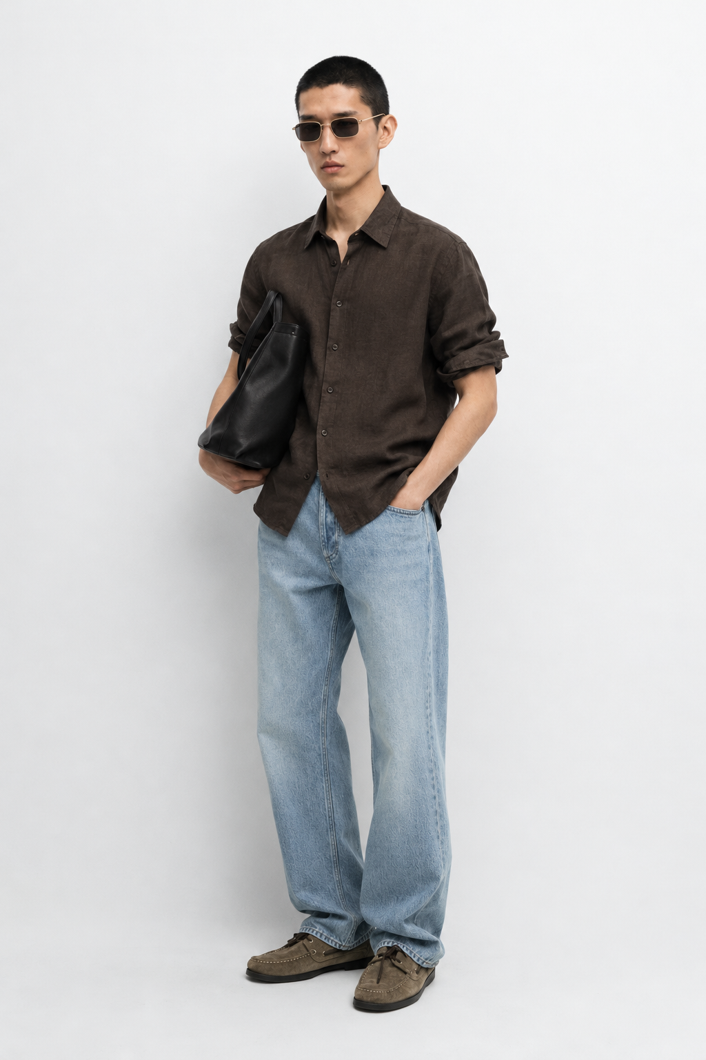 100% linen relaxed fit shirt - dark brown