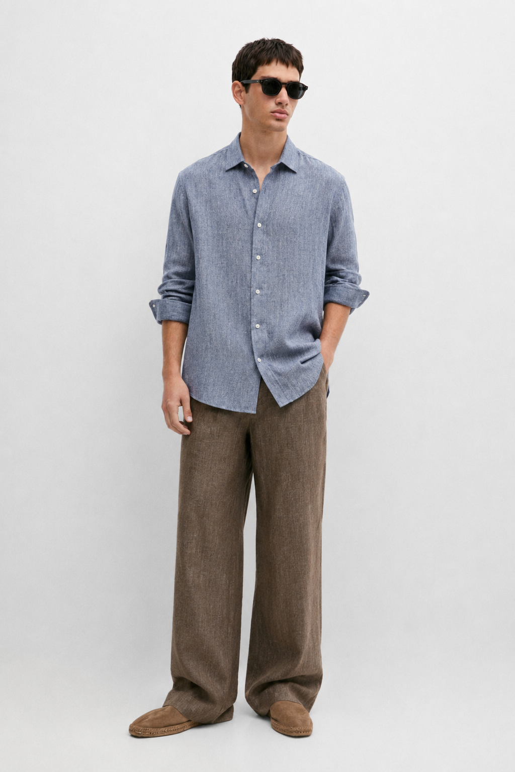 Relaxed fit 100% linen melange shirt - snow blue