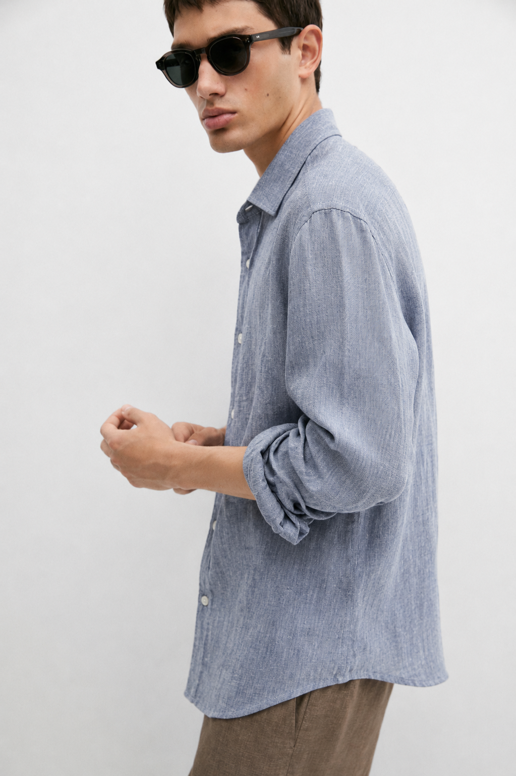 Relaxed fit 100% linen melange shirt - snow blue