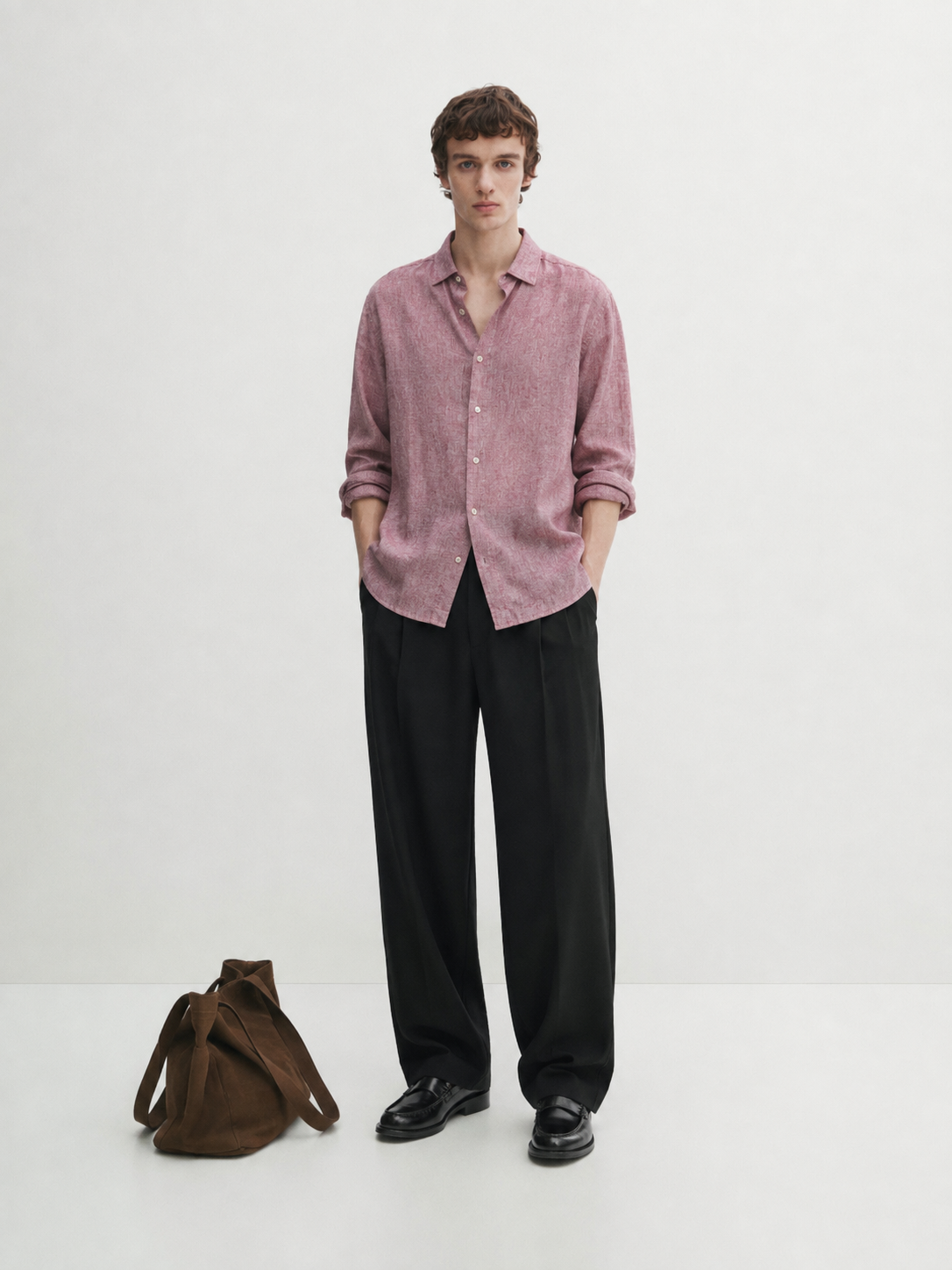 Relaxed fit 100% linen melange shirt - mauve