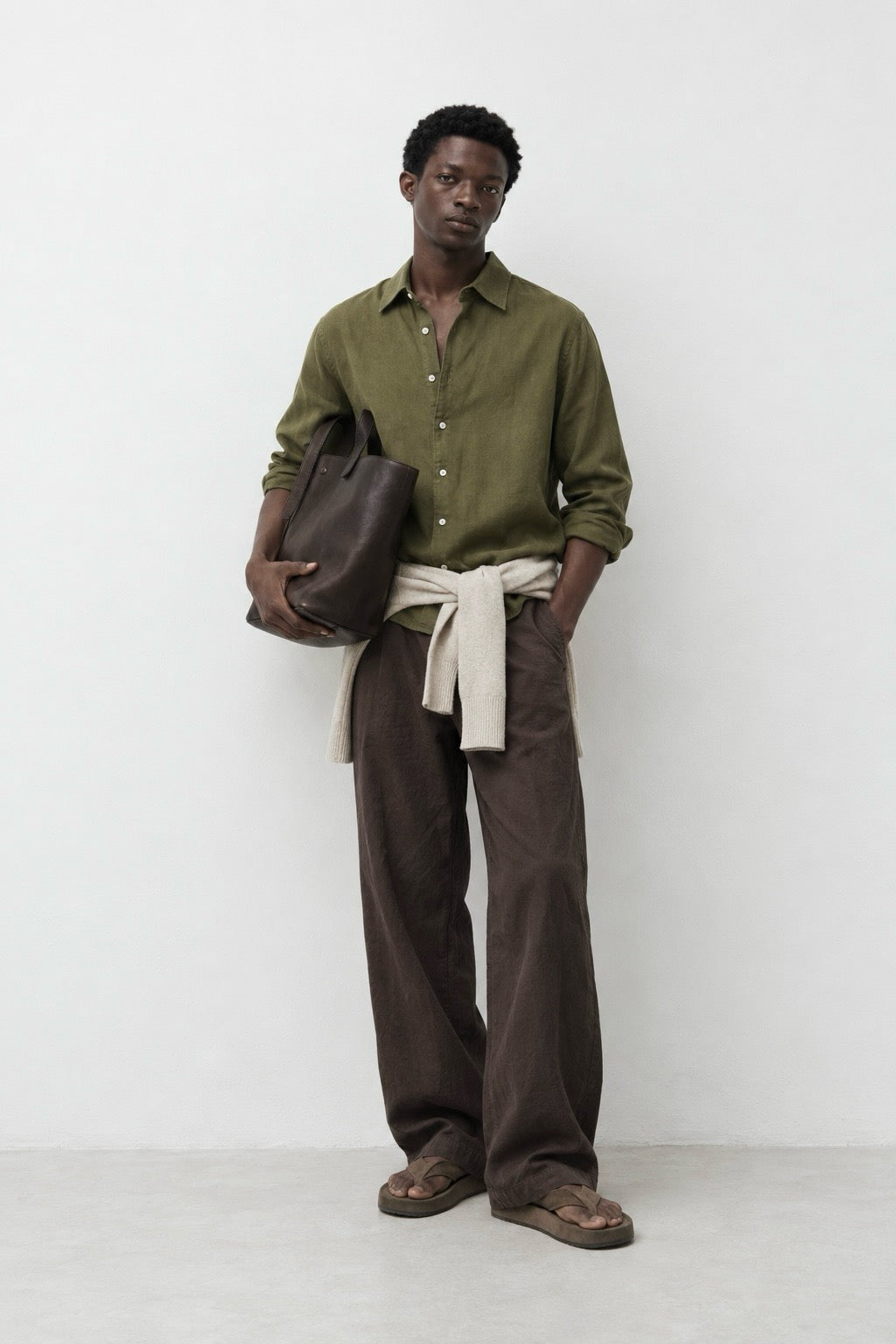 Relaxed fit linen cotton shirt - wild moss