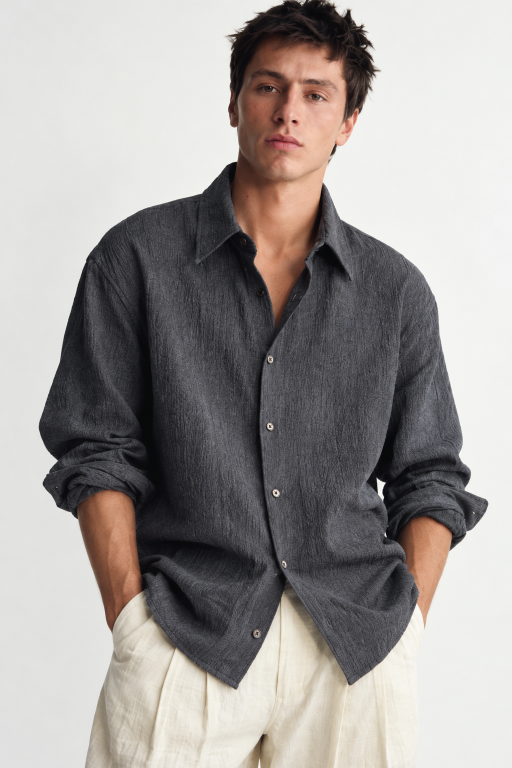 Fluid jacquard relaxed shirt — blue slate