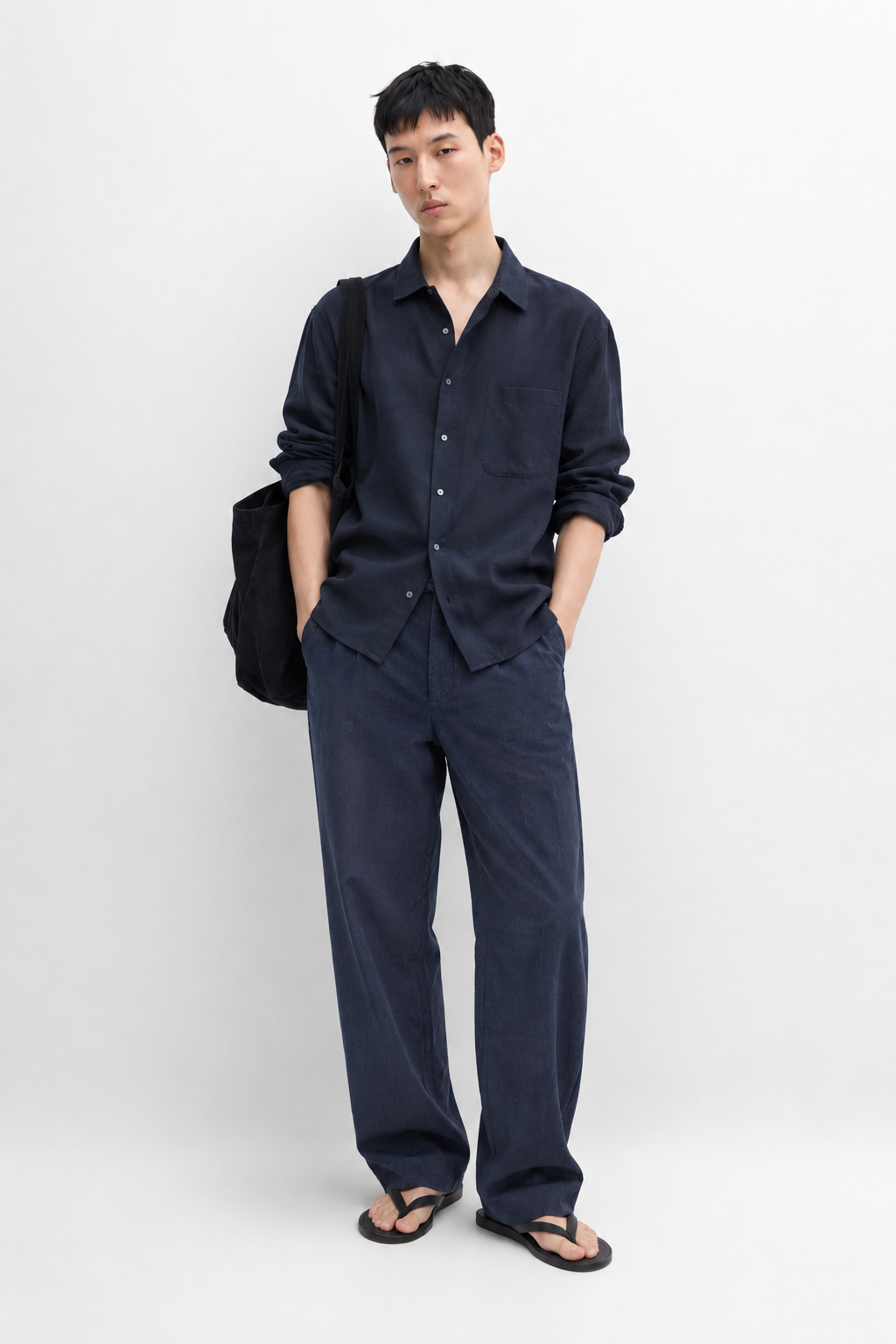100% linen denim trousers - washed blue