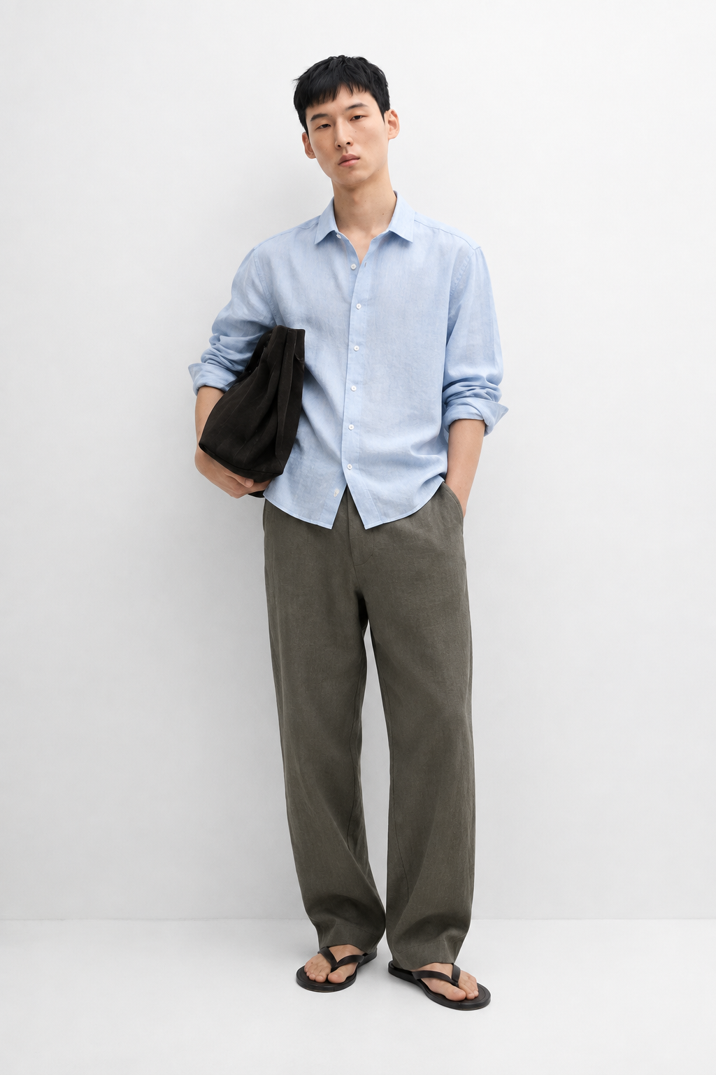 100% linen denim trousers - Olive