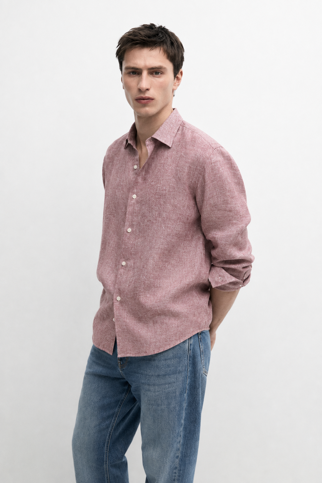 Relaxed fit 100% linen melange shirt - mauve