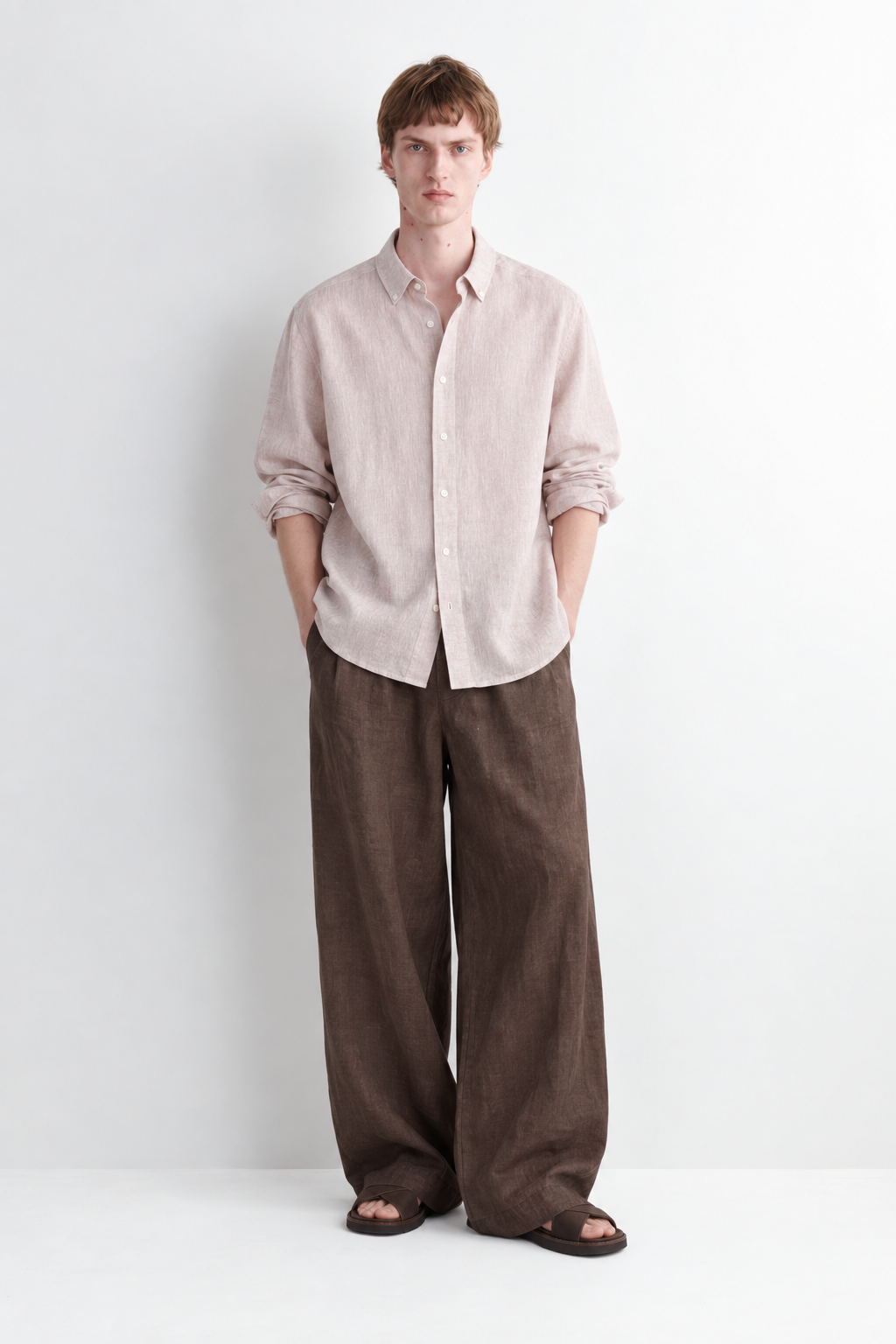 Wide fit 100% linen trousers - old mahogany