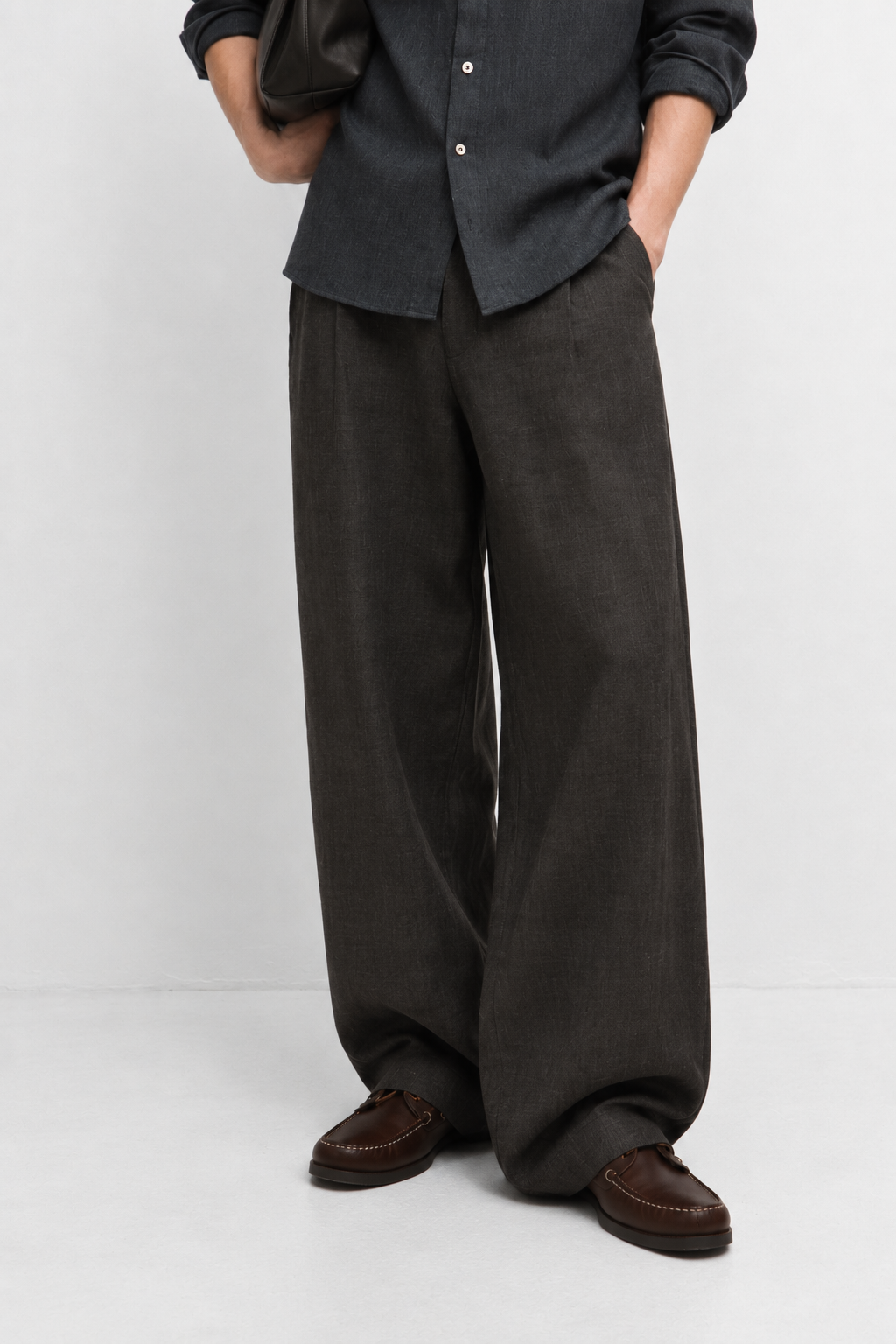 Wide fit 100% linen trousers - burnt brown